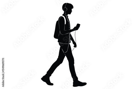 Silhouette of young boy listening to music on phone walking with headphones vector flat icon illustration.