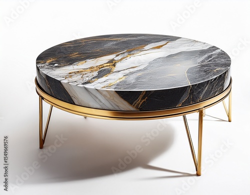 round marble coffee table with golden metal legs high detail isolated on pure white background