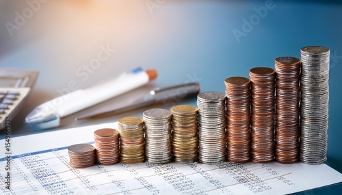 stacked of coin money with account book finance and banking concept for background concept in grow and walk step by step for success in business