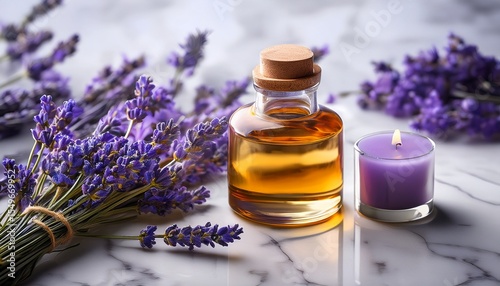 aromatic oil and lavender create soothing atmosphere on marble surface