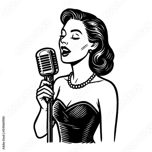 Elegant Woman Singing into Microphone Wearing Pearl Necklace Black and White Outline Line Art Drawing