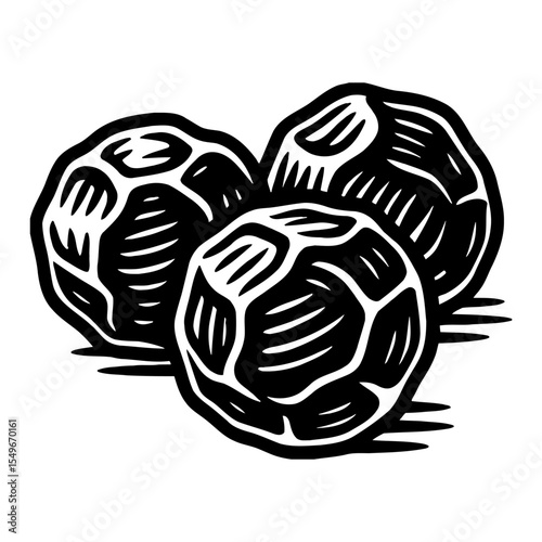 Three Rounded Fruit Close Up Black and White Outline Line Art Drawing Illustration