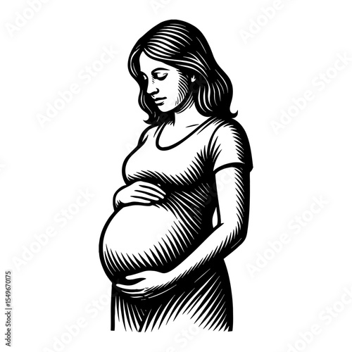 Pregnant Woman Holding Belly Black and White Outline Line Art Drawing Vintage Engraving Illustration