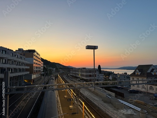 Horgen Oberdorf Bahnhof (Train station) at Sunset, Kanton Zurich, Switzerland