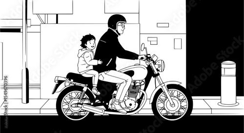 black and white graphic illustration of a man riding a motorcycle with a child passenger, highly detailed, photorealistic style
