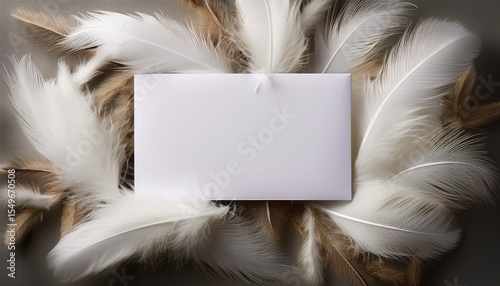 soft white feathers surround a blank gift card