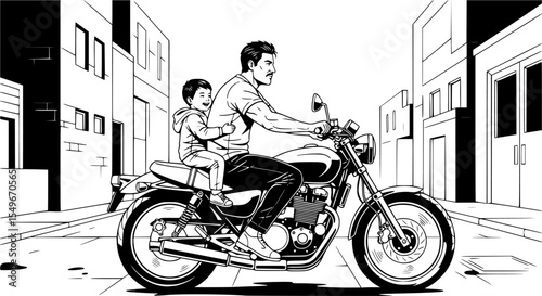 black and white graphic illustration of a man riding a motorcycle with a child passenger, highly detailed, photorealistic style
