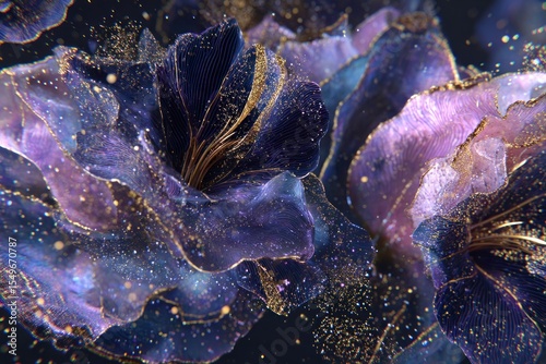 Close up of abstract purple and gold flowers with glitter and a dark background aesthetic look