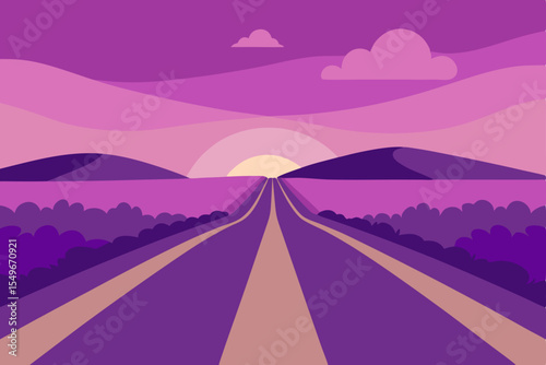 A car drives on an empty asphalt road through a mountain landscape at sunset, journeying towards the city under a vast sky