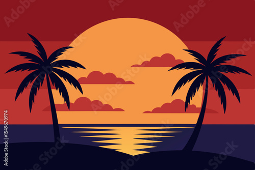 Tropical island sunset with silhouetted palm trees on a summer beach