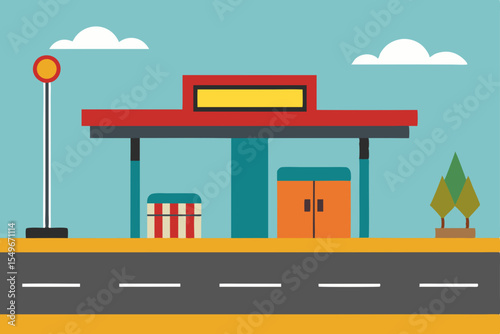 Modern vector illustration of a city street with shops, office buildings, and houses, featuring both interior and exterior architecture with furniture, windows, and a bus stop