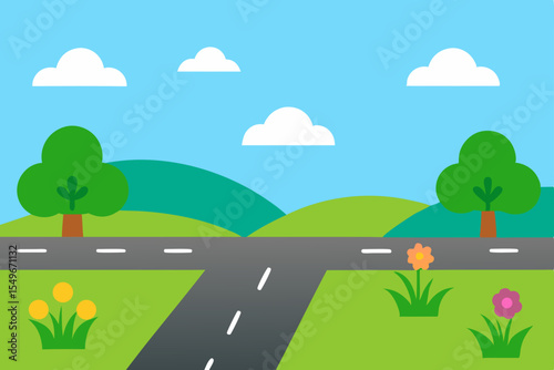 A picturesque cartoon landscape featuring a winding road through a green countryside meadow under a bright summer sky with fluffy clouds