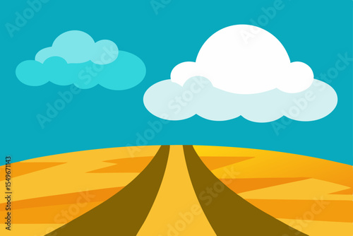 Desert road stretching towards the horizon under a vast summer sky with scattered clouds and distant mountains