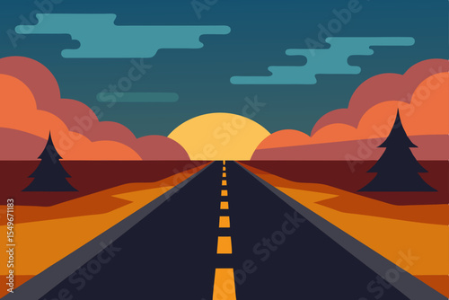Desert highway at sunset, a straight asphalt road leading to the horizon under a vast sky, perfect for a journey