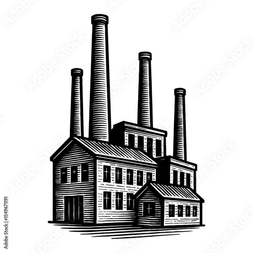 Industrial Factory Building with Chimneys Black and White Outline Line Art Drawing