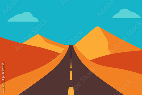 Orange sunset desert landscape with a road, distant mountains, and a camel silhouette under a vast sky