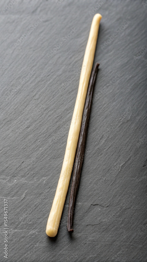 Naklejka premium Two vanilla beans against slate background representing culinary ingredients and flavoring