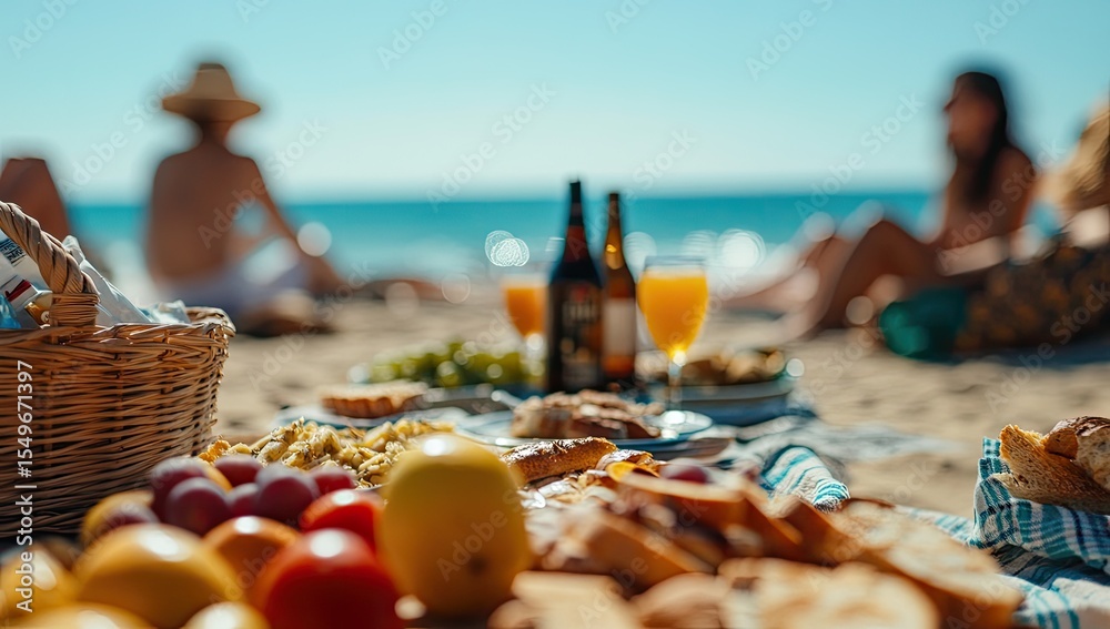 Fototapeta premium Beach picnic, friends enjoying food and drinks by the ocean