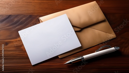 a blank business card envelope and pen on a wooden table