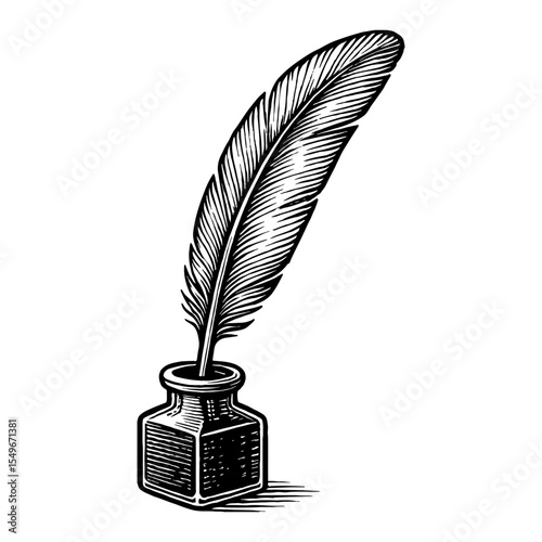 Feather Quill Pen in Inkwell Black and White Outline Line Art Drawing Illustration in Vintage Style