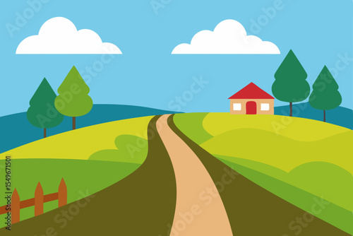 Lush summer rural landscape with a winding country road, green grass, and a village under a clear sky with distant mountains
