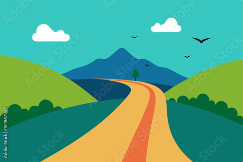Vector cartoon landscape of a road winding through green hills and mountains under a summer sky with clouds and a rising sun