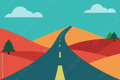 Desert highway stretching towards the sunset horizon, flanked by mountains and sparse grass, under an orange, cloudy sky