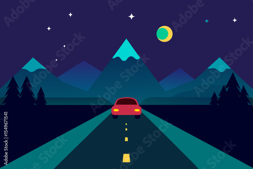Night highway winding through mountains towards a distant city under a star-lit sky