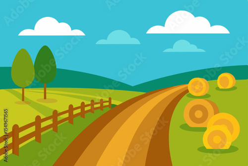 Vector cartoon illustration of a summer landscape with a winding road leading to the horizon under a blue sky with clouds