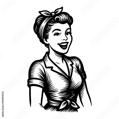 Confident Woman Smiling Black and White Outline Line Art Drawing Vector Illustration Artwork Design