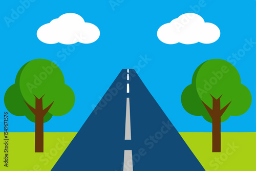 Nature's highway winds through green trees towards a summer sky, illustrating a path to the horizon