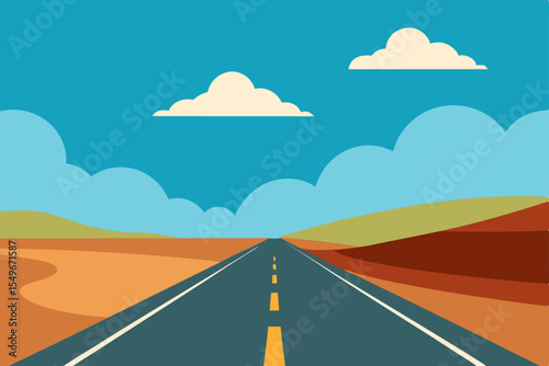 Desert highway stretching towards the horizon under a vast sky at sunset