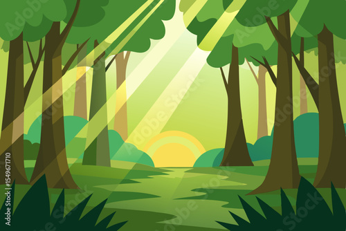 A vibrant vector illustration of a lush green forest landscape under a sunny sky, with tropical plants and palm trees
