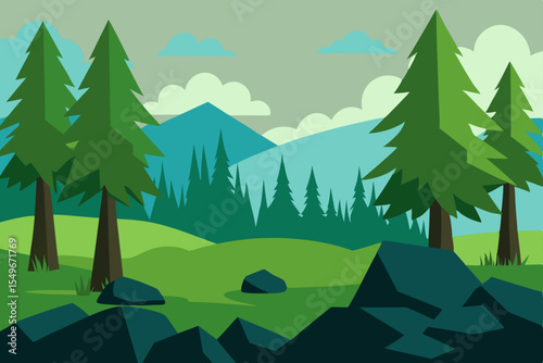 Colorful vector illustration of a mountain landscape with green forest trees, a blue sky, and a snowy winter scene