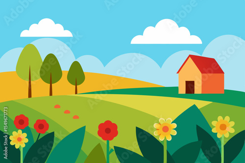 Spring and summer rural landscape illustration with house, flowers, trees, and sky