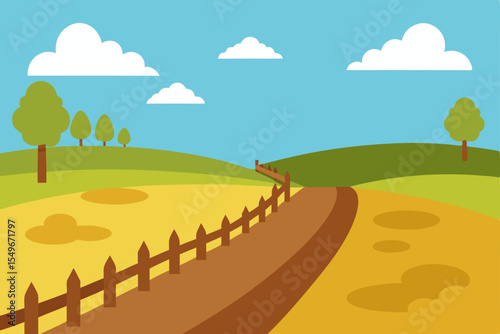Vector illustration of a vibrant rural summer landscape with green fields, blue sky, and distant mountains
