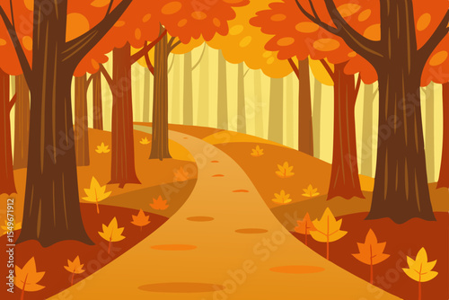 This autumn illustration captures the essence of the fall season, featuring a vibrant orange maple tree with colorful leaves against a natural sky