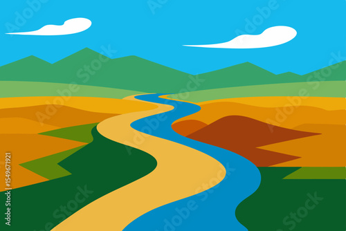 Rolling green hills meet the horizon under a summer sky, with a winding road leading towards the distant blue sea