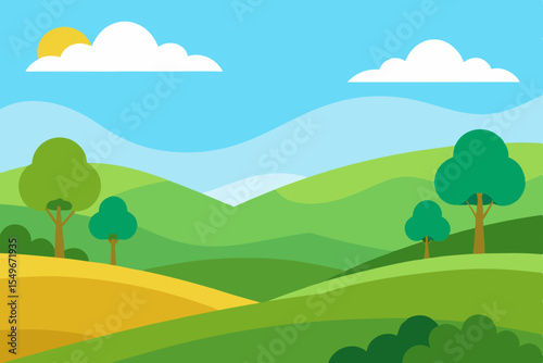 Summer mountain landscape with green hills, trees, and a clear sky with clouds