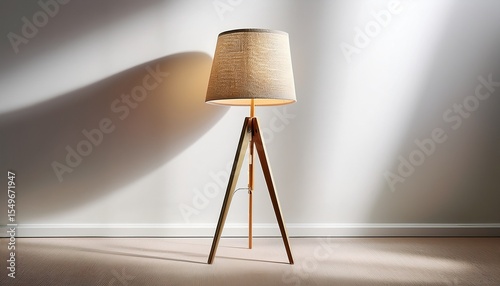 scandinavian style floor lamp with tripod wooden legs and fabric lampshade neutral white backdrop