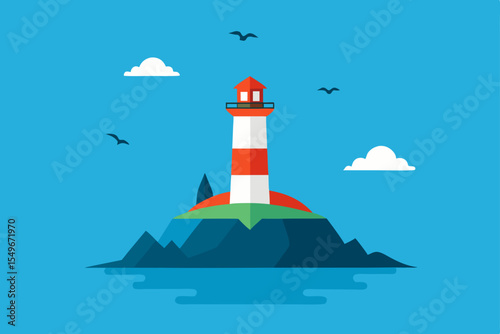 White lighthouse tower on a rocky coast guiding ships across the sea