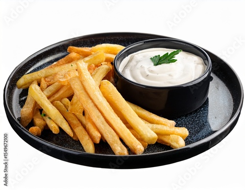plate of french fries with a creamy ranch dip on a black plate isolated on white background