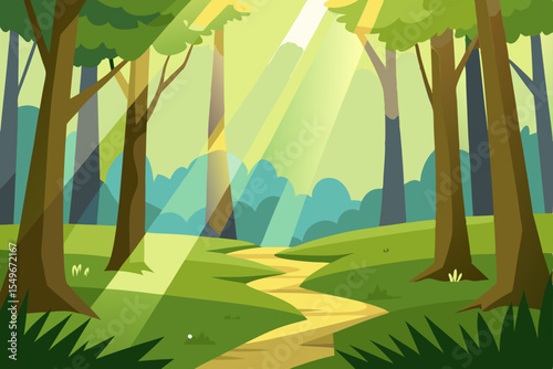 Green summer landscape with trees, sun, and clouds illustrating a peaceful park scene