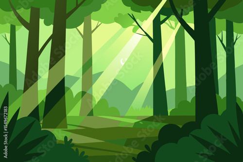 Vibrant green trees in a morning forest landscape, a natural summer design