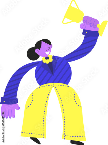 Victorious woman lifting a trophy high to mark an important accomplishment.