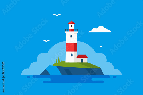 White lighthouse on the rugged Nova Scotia coastline guiding ships across the vast ocean