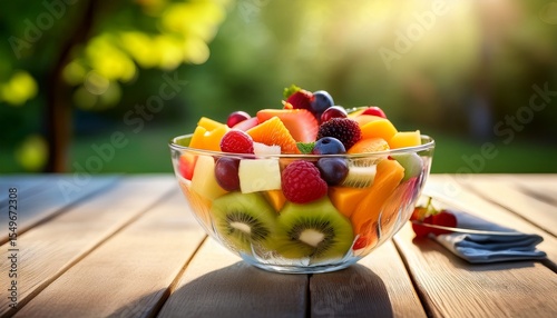 fruit salad in a glass bowl on garden table natural summer light with soft focus background