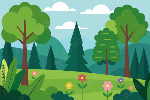 A vibrant cartoon summer landscape with green trees, a blue sky, and rolling hills under the bright sun