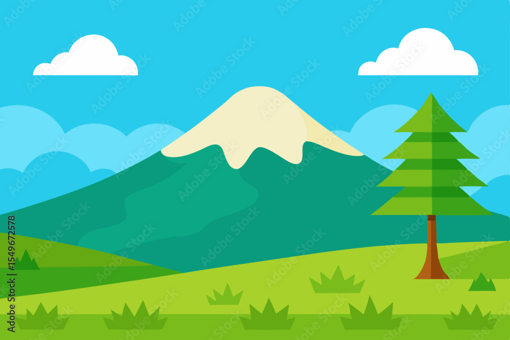 Obraz premium A vector illustration of a winter landscape with trees, mountains, and a clear sky, depicting the serene beauty of nature