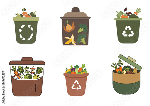 Compost bin with vegetable scraps icon in earthy palette, flat vector illustration symbolizing sustainable waste on white